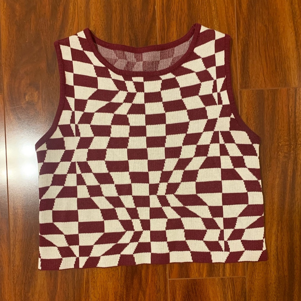 Maroon and white checkered top